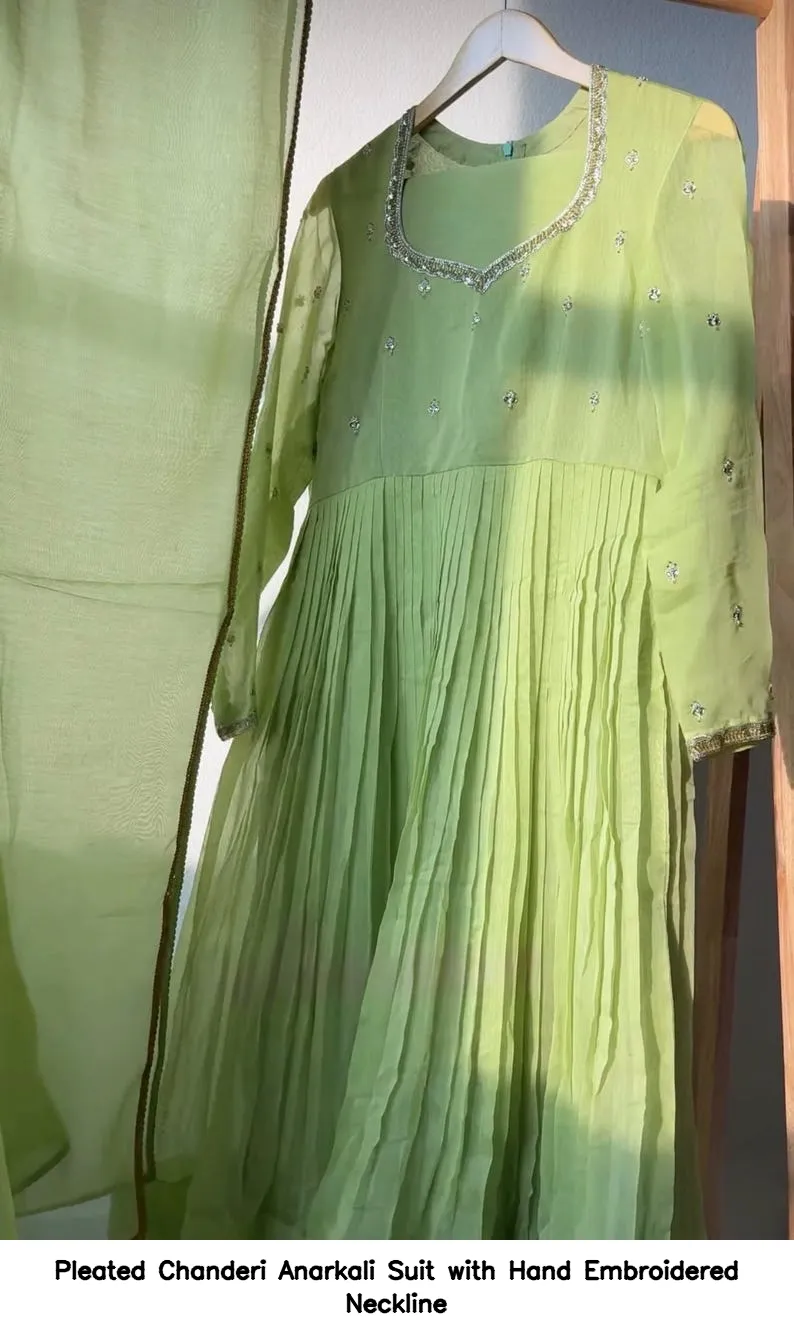 Pleated Chanderi Anarkali Suit with Hand Embroidered Neckline 6