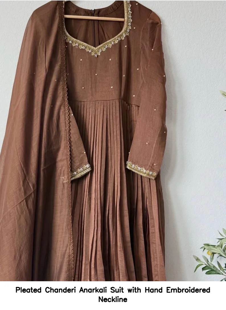 Pleated Chanderi Anarkali Suit with Hand Embroidered Neckline 7
