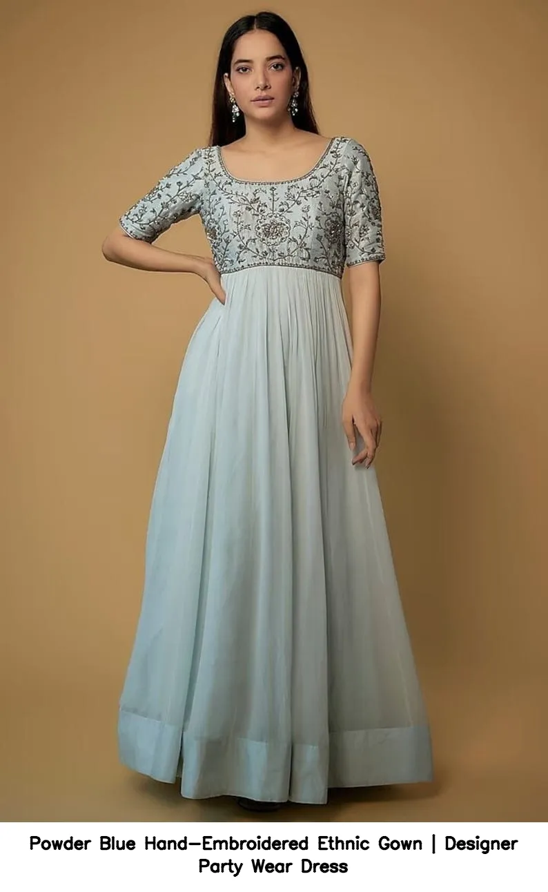 Powder Blue Hand-Embroidered Ethnic Gown | Designer Party Wear Dress