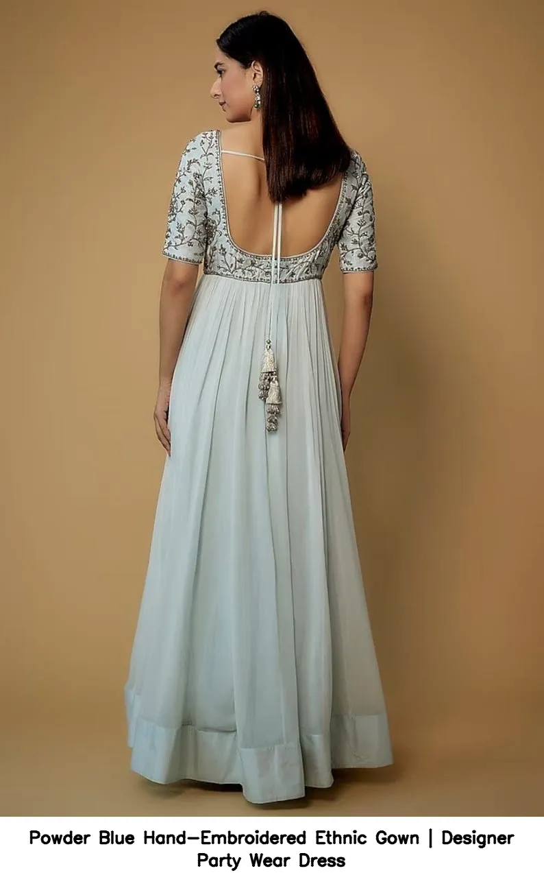 Powder Blue Hand-Embroidered Ethnic Gown | Designer Party Wear Dress 3