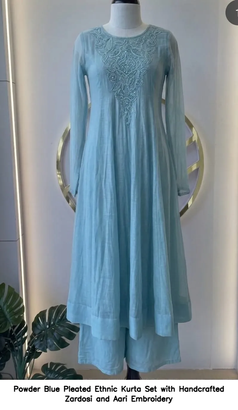 Powder Blue Pleated Ethnic Kurta Set with Handcrafted Zardosi and Aari Embroidery
