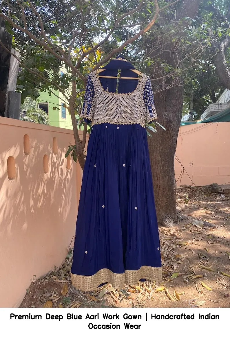 Premium Deep Blue Aari Work Gown | Handcrafted Indian Occasion Wear