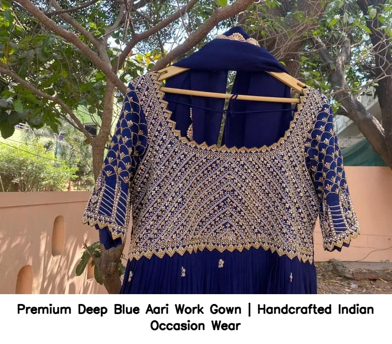 Premium Deep Blue Aari Work Gown | Handcrafted Indian Occasion Wear 2