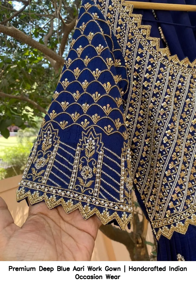 Premium Deep Blue Aari Work Gown | Handcrafted Indian Occasion Wear 3