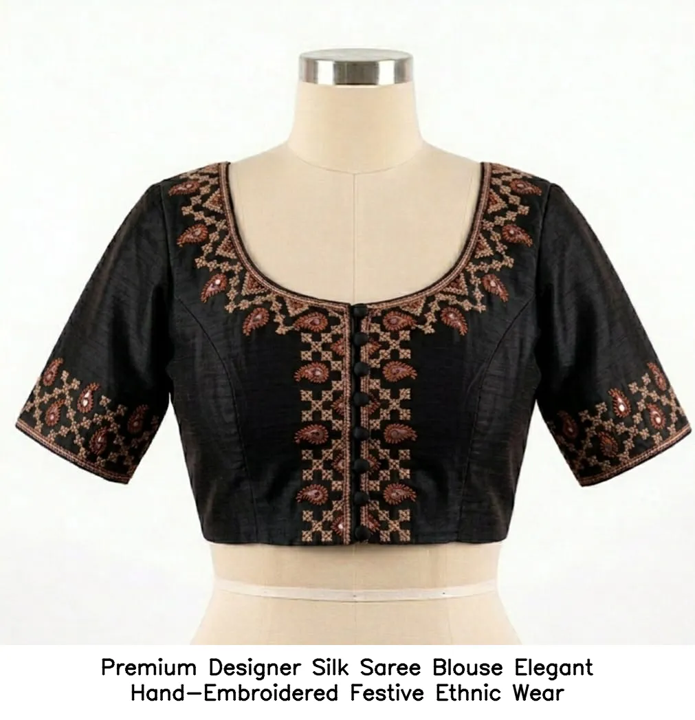 Premium Designer Silk Saree Blouse – Elegant Hand-Embroidered Festive Ethnic Wear