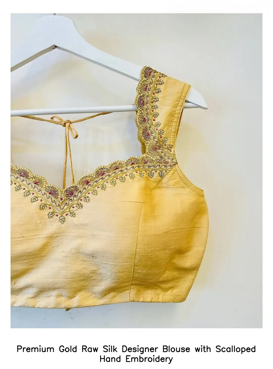 Premium Gold Raw Silk Designer Blouse with Scalloped Hand Embroidery