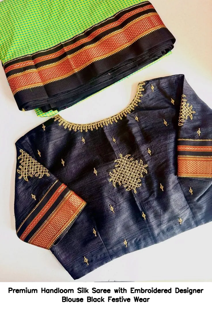 Premium Handloom Silk Saree with Embroidered Designer Blouse – Black Festive Wear