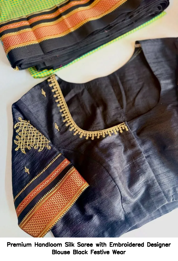 Premium Handloom Silk Saree with Embroidered Designer Blouse – Black Festive Wear