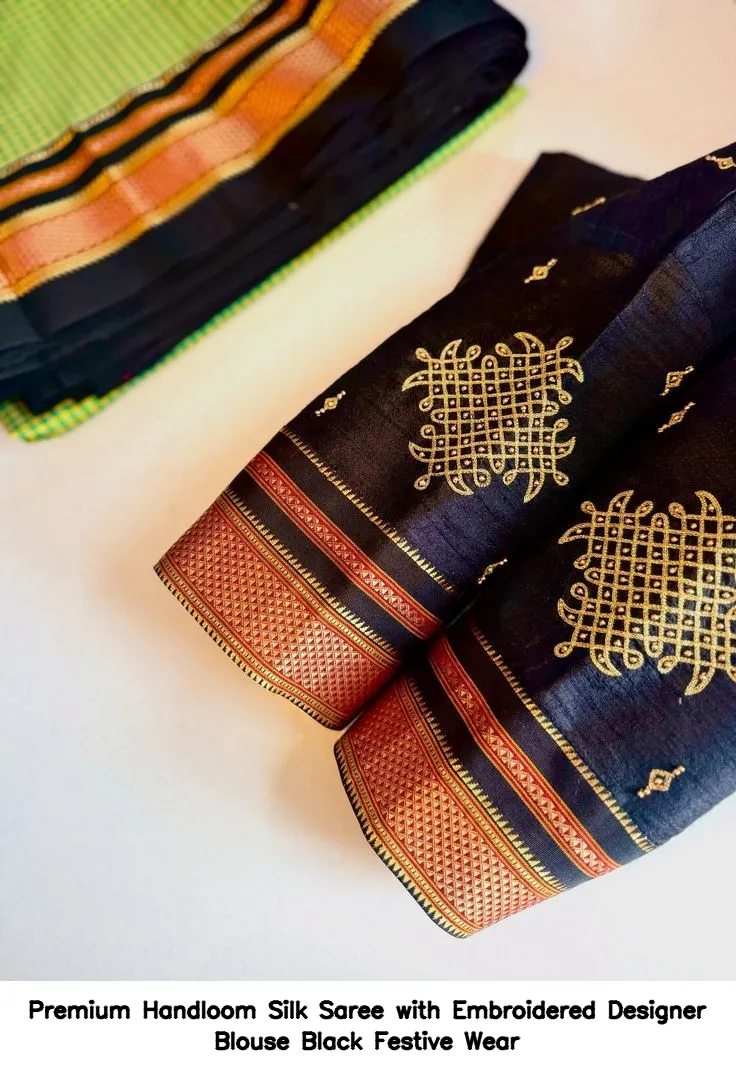 Premium Handloom Silk Saree with Embroidered Designer Blouse – Black Festive Wear