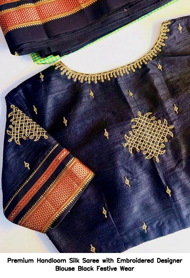 Premium Handloom Silk Saree with Embroidered Designer Blouse – Black Festive Wear