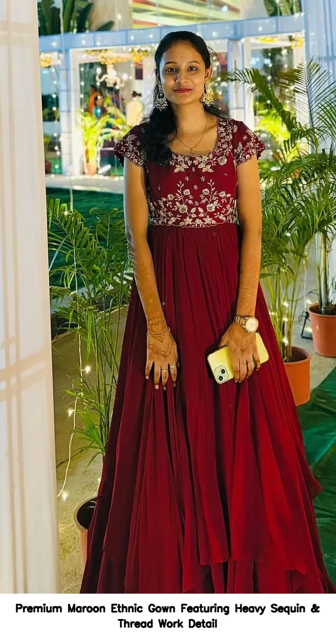 premium maroon ethnic gown featuring heavy sequin thread work detail