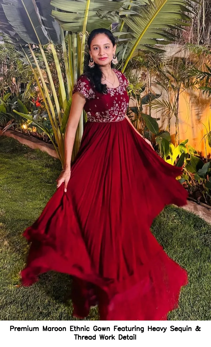 Premium Maroon Ethnic Gown Featuring Heavy Sequin & Thread Work Detail 2