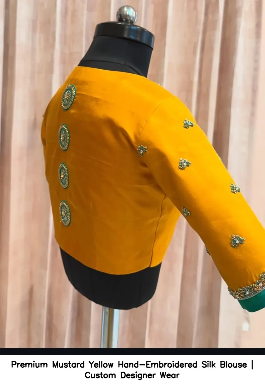 premium mustard yellow hand embroidered silk blouse custom designer wear