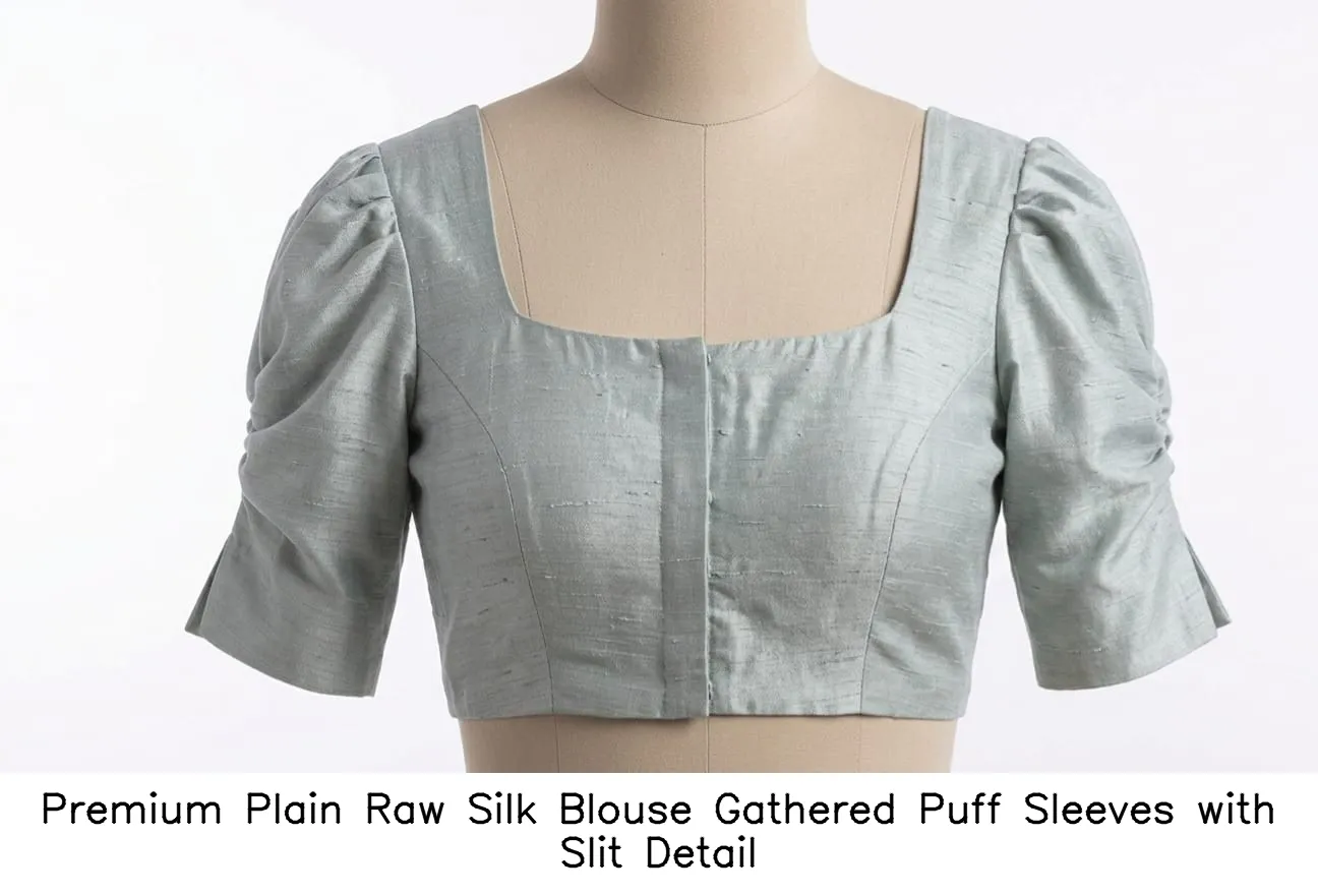 Premium Plain Raw Silk Blouse Gathered Puff Sleeves with Slit Detail