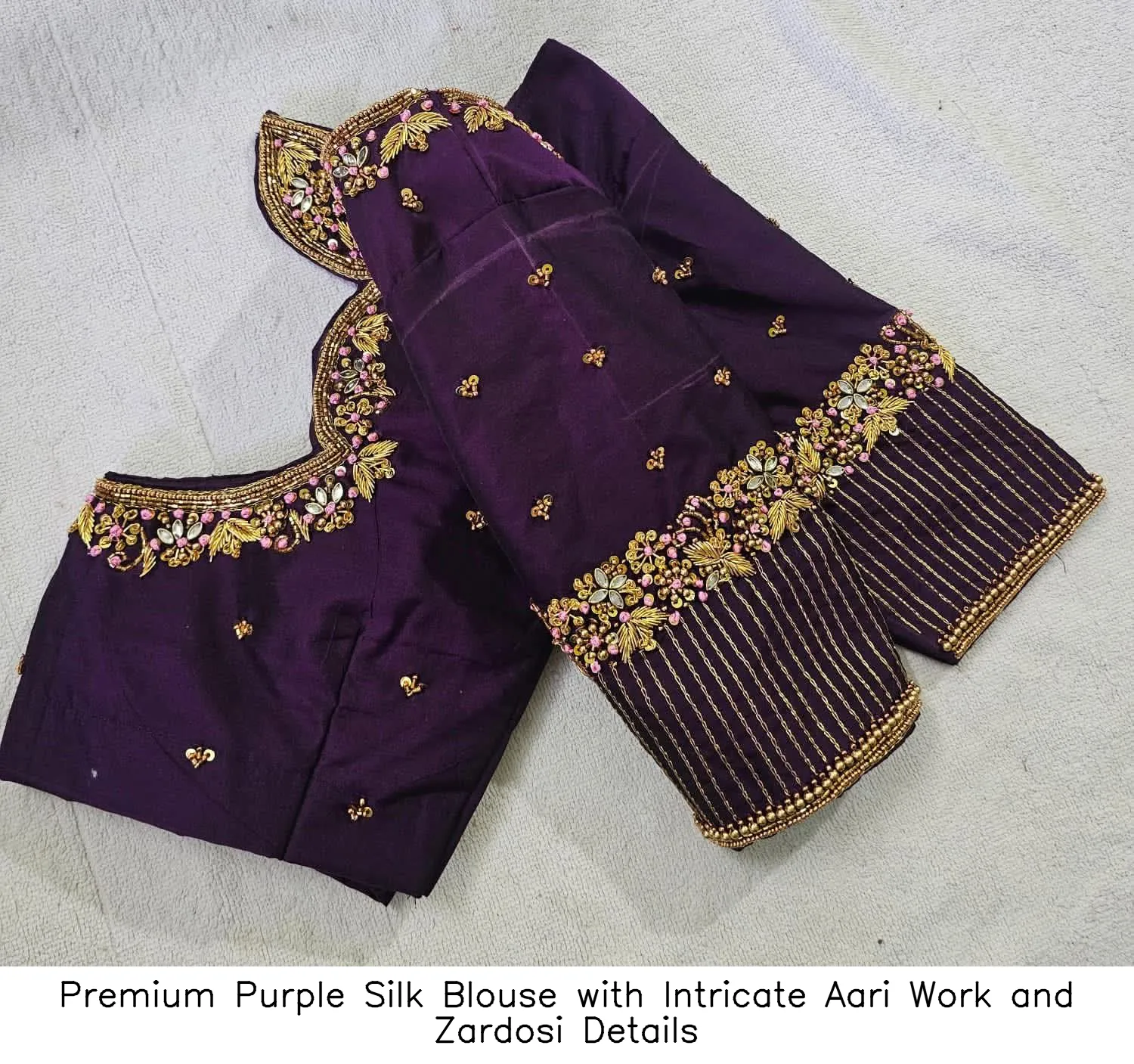Premium Purple Silk Blouse with Intricate Aari Work and Zardosi Details