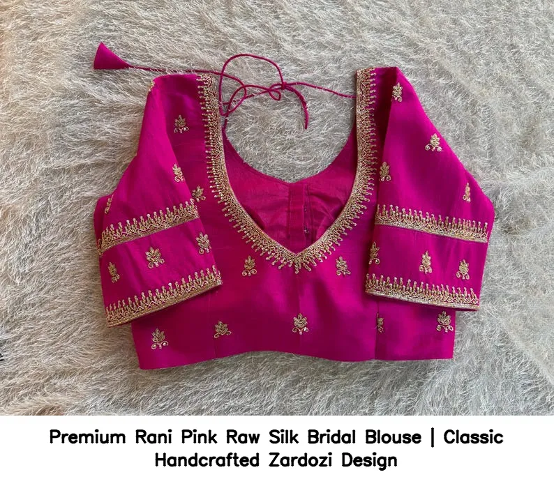 Premium Rani Pink Raw Silk Bridal Blouse | Classic Handcrafted Zardozi Design