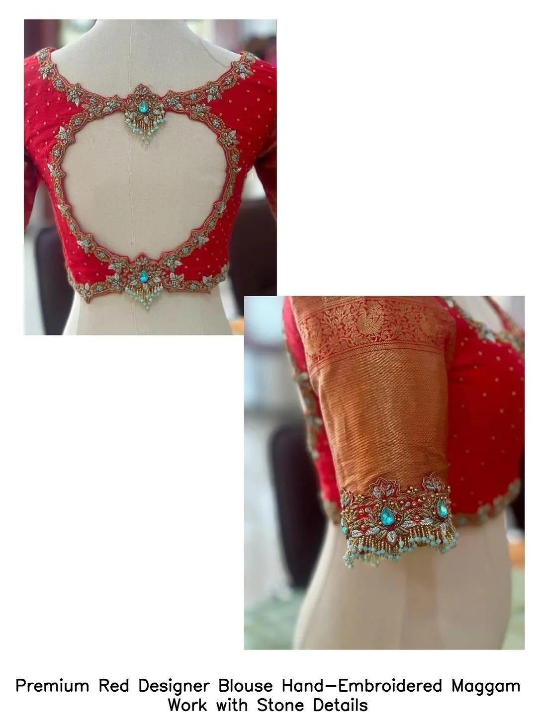 Premium Red Designer Blouse Hand-Embroidered Maggam Work with Stone Details