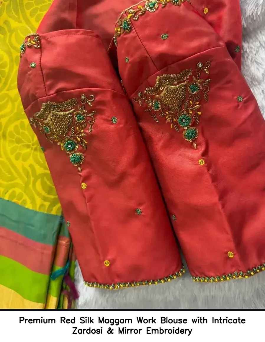 premium red silk maggam work blouse with intricate zardosi mirror embroidery