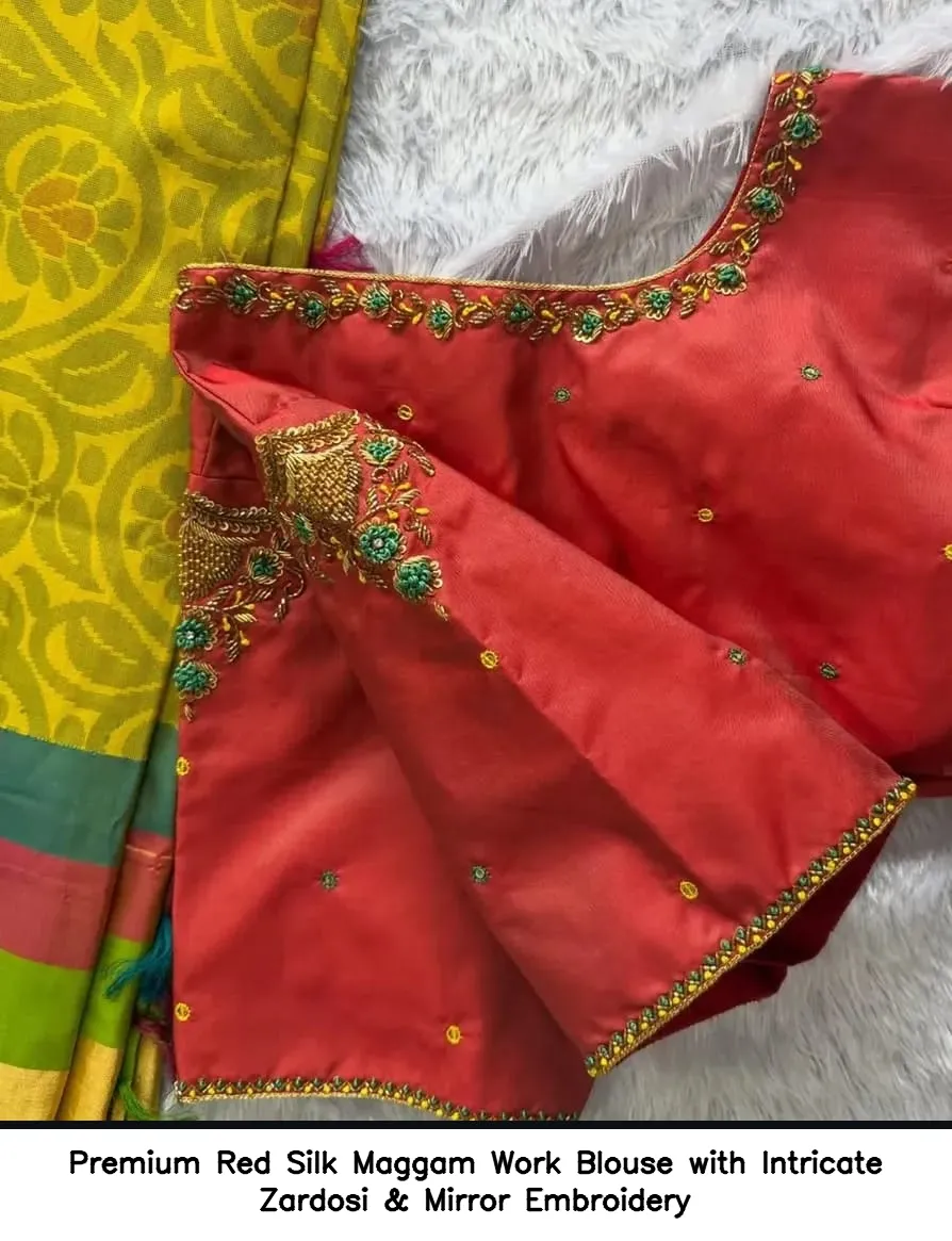 Premium Red Silk Maggam Work Blouse with Intricate Zardosi & Mirror Embroidery 2