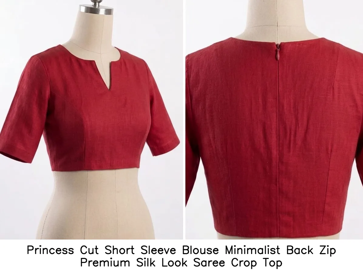 Princess Cut Short Sleeve Blouse Minimalist Back Zip Premium Silk Look Saree Crop Top