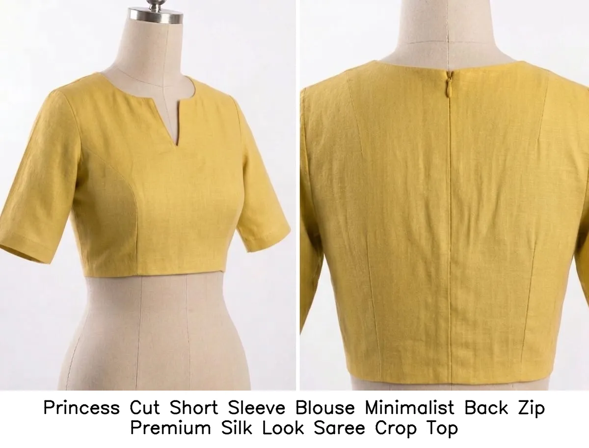 Princess Cut Short Sleeve Blouse Minimalist Back Zip Premium Silk Look Saree Crop Top