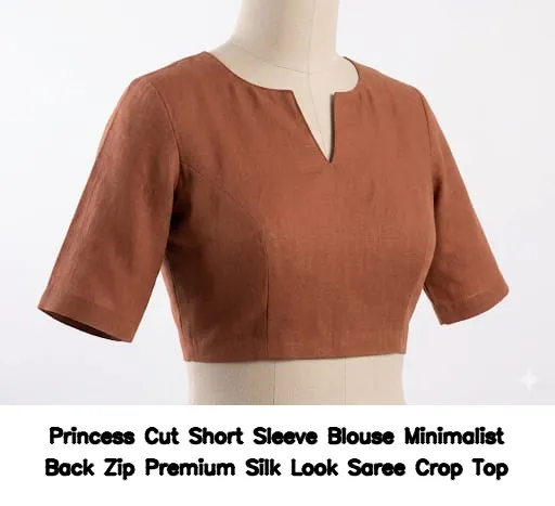 Princess Cut Short Sleeve Blouse Minimalist Back Zip Premium Silk Look Saree Crop Top