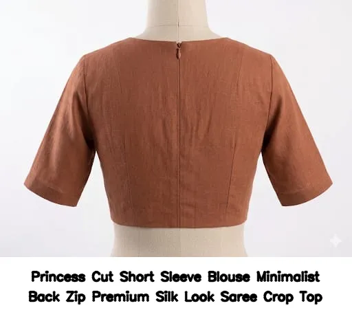 Princess Cut Short Sleeve Blouse Minimalist Back Zip Premium Silk Look Saree Crop Top