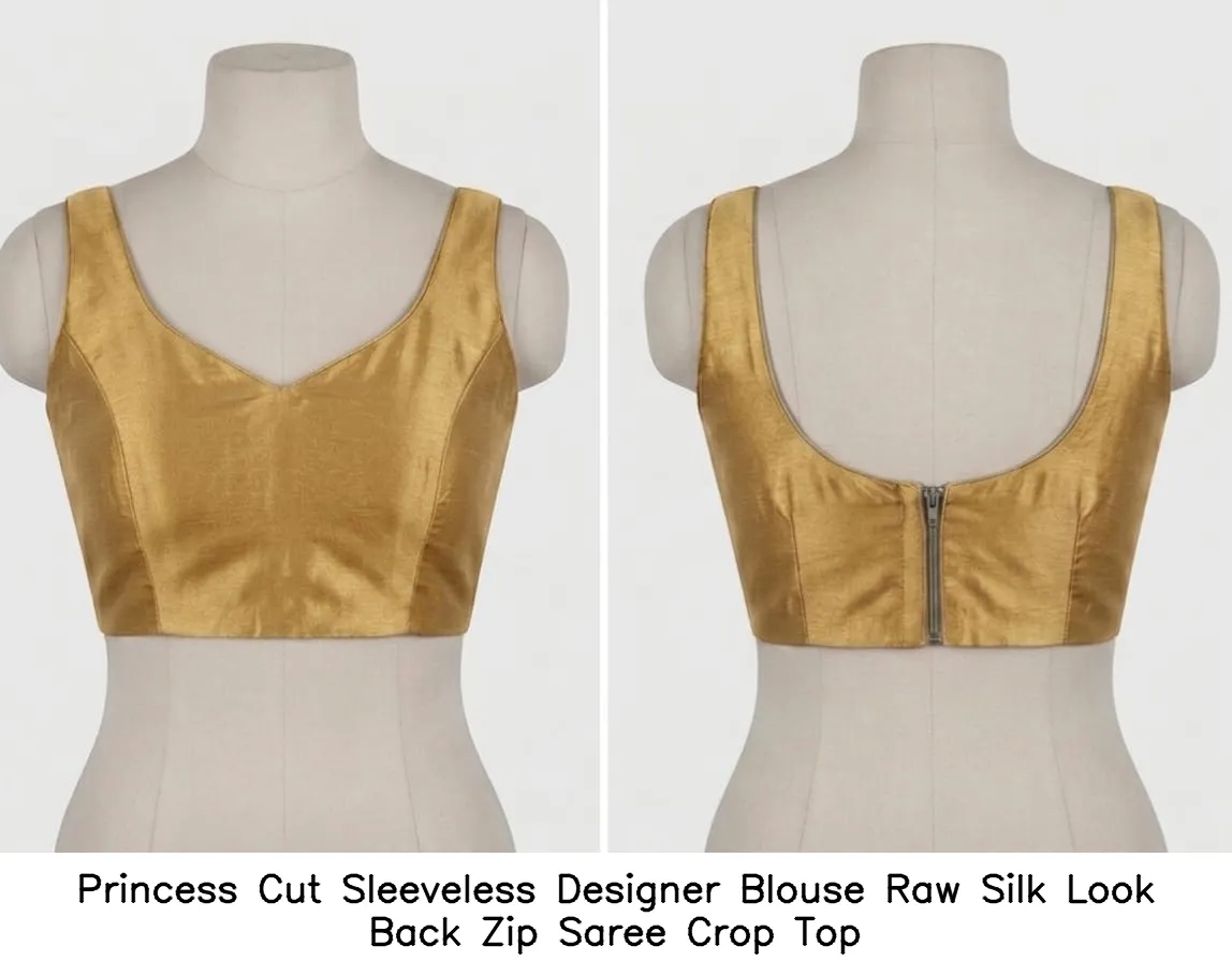 Princess Cut Sleeveless Designer Blouse Raw Silk Look Back Zip Saree Crop Top
