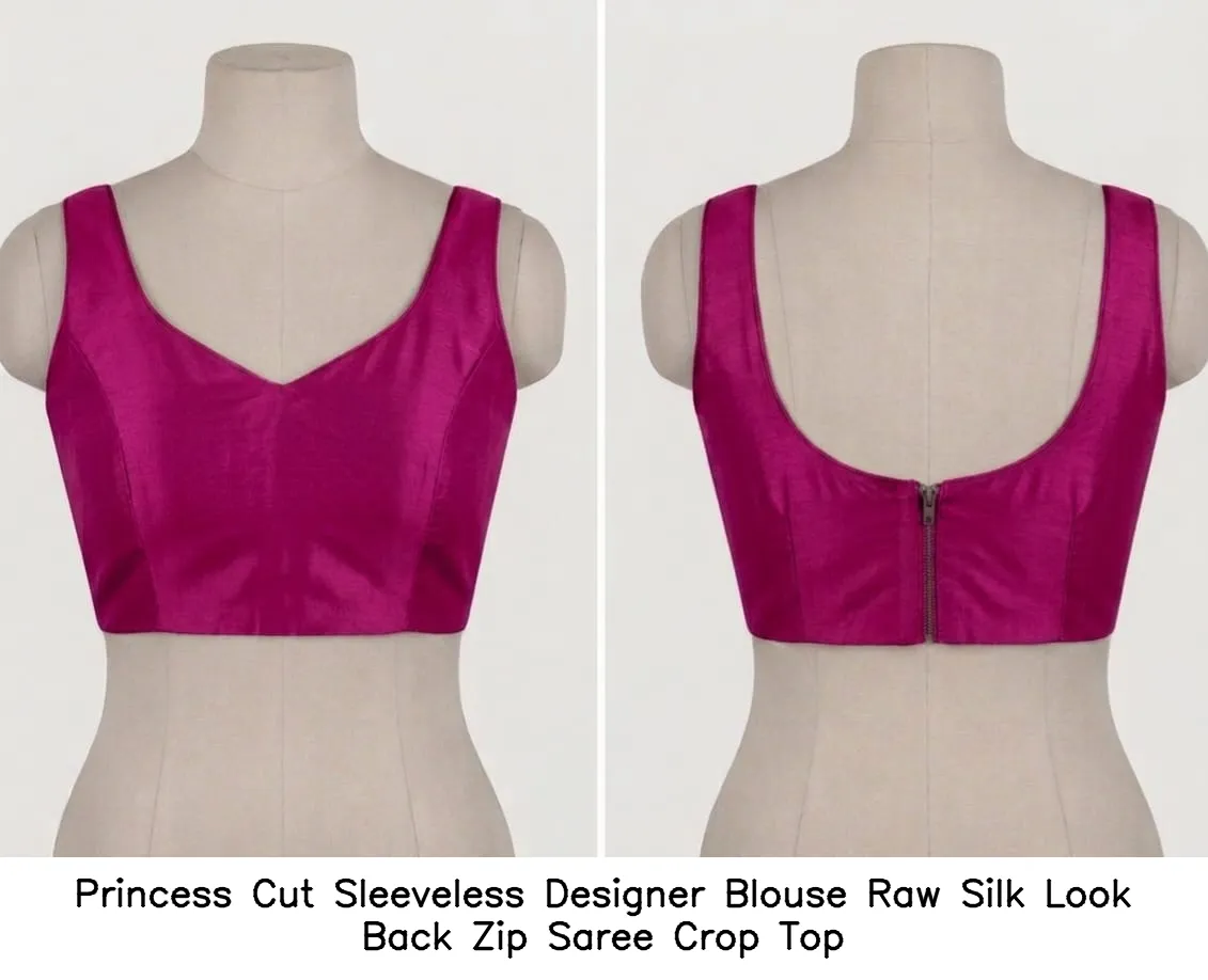 Princess Cut Sleeveless Designer Blouse Raw Silk Look Back Zip Saree Crop Top