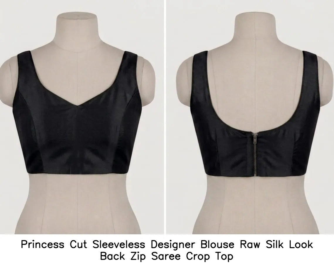 Princess Cut Sleeveless Designer Blouse Raw Silk Look Back Zip Saree Crop Top