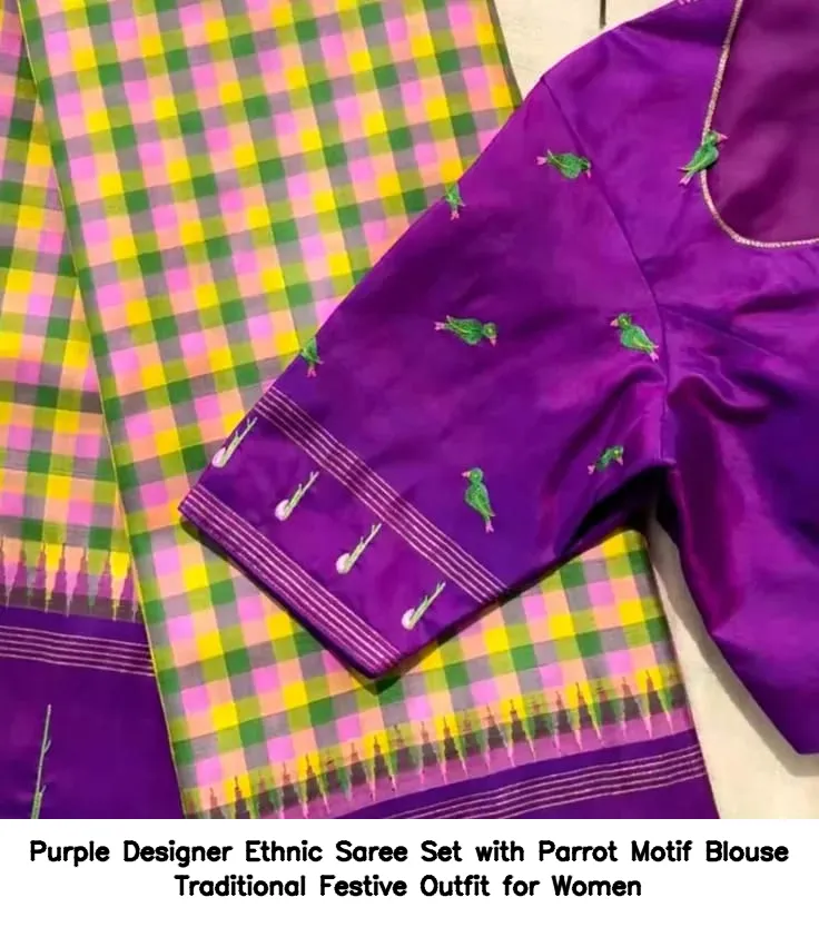 Purple Designer Ethnic Saree Set with Parrot Motif Blouse – Traditional Festive Outfit for Women