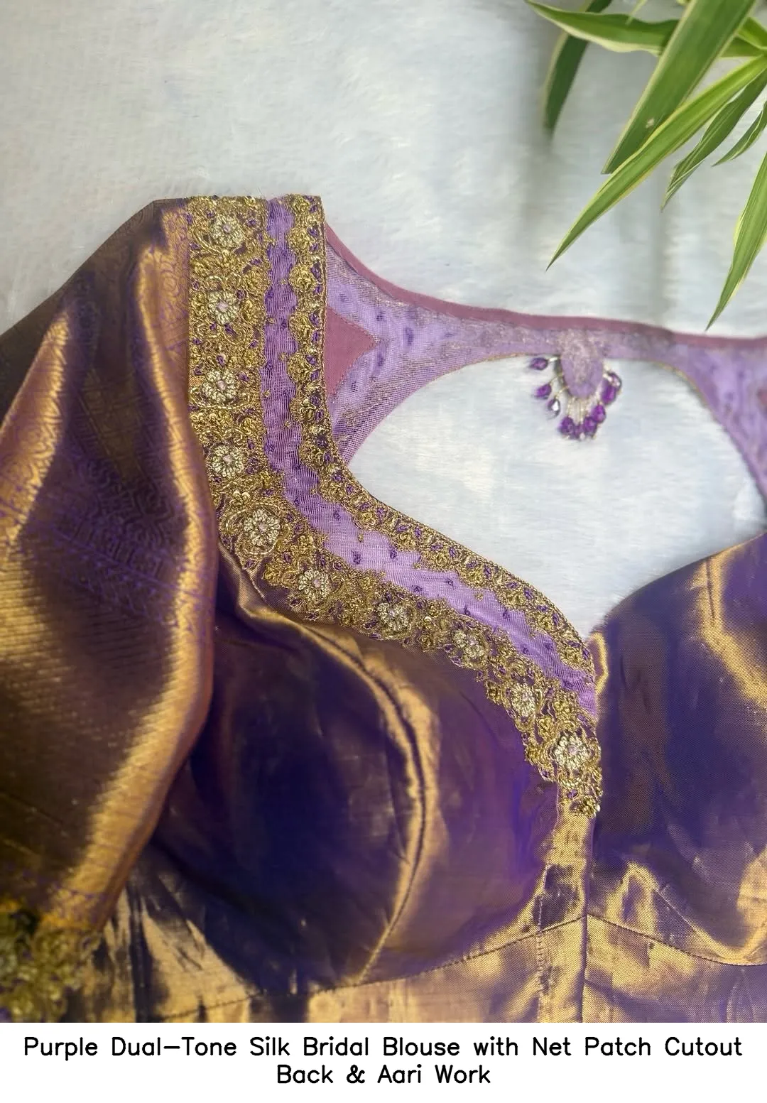 Purple Dual-Tone Silk Bridal Blouse with Net Patch Cutout Back & Aari Work