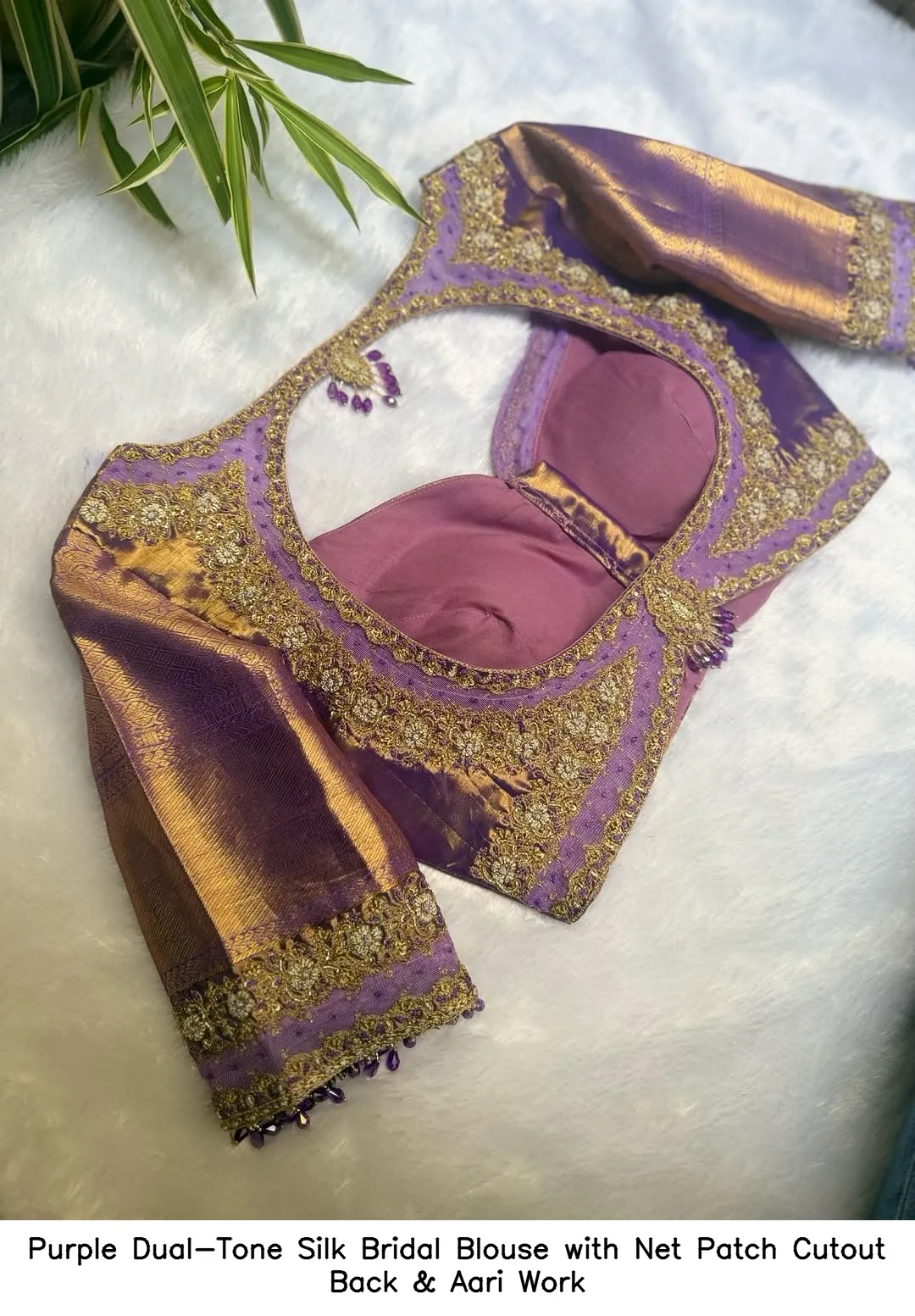 Purple Dual-Tone Silk Bridal Blouse with Net Patch Cutout Back & Aari Work