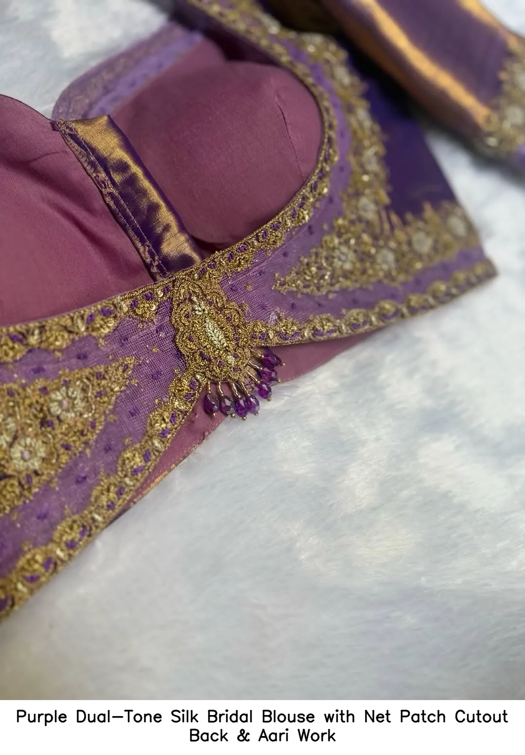 Purple Dual-Tone Silk Bridal Blouse with Net Patch Cutout Back & Aari Work