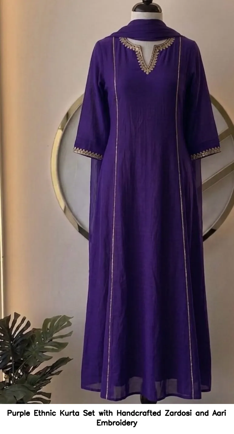 Purple Ethnic Kurta Set with Handcrafted Zardosi and Aari Embroidery