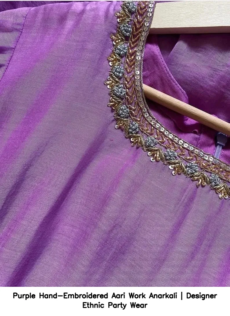 Purple Hand-Embroidered Aari Work Anarkali | Designer Ethnic Party Wear 3