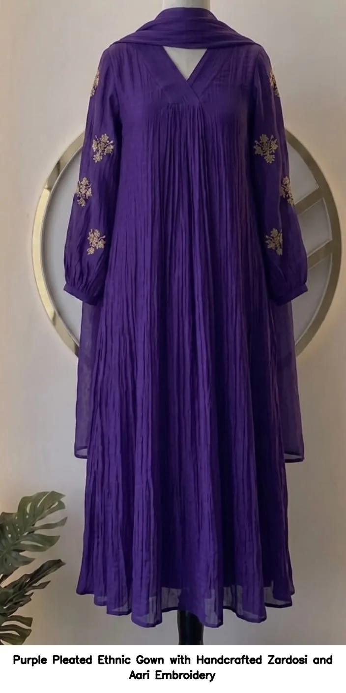 Purple Pleated Ethnic Gown with Handcrafted Zardosi and Aari Embroidery
