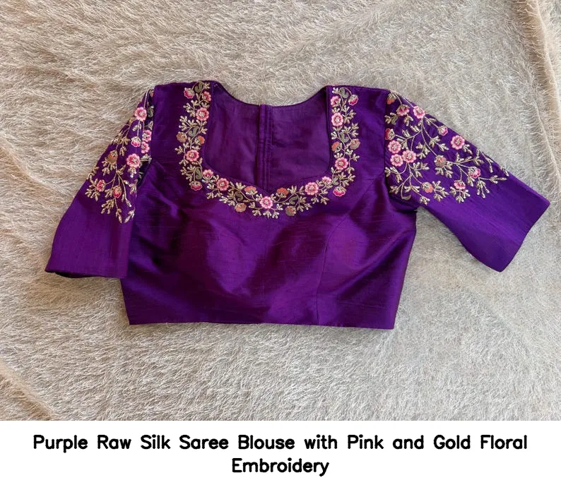Purple Raw Silk Saree Blouse with Pink and Gold Floral Embroidery