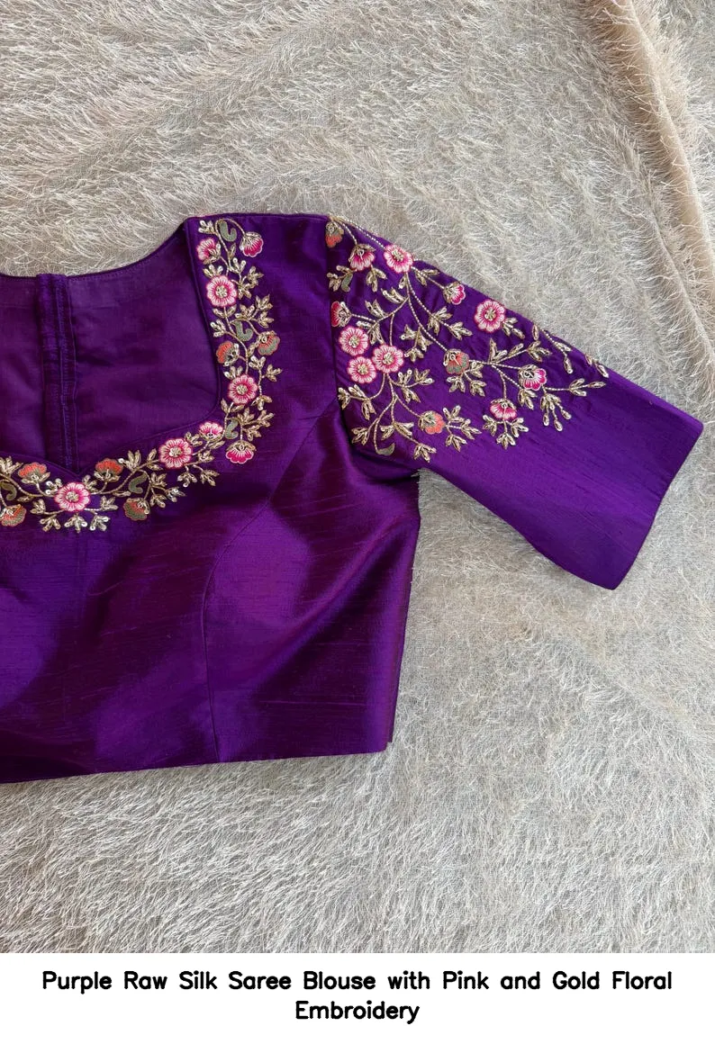 Purple Raw Silk Saree Blouse with Pink and Gold Floral Embroidery