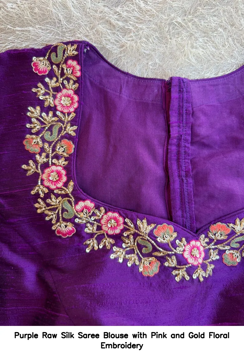 Purple Raw Silk Saree Blouse with Pink and Gold Floral Embroidery