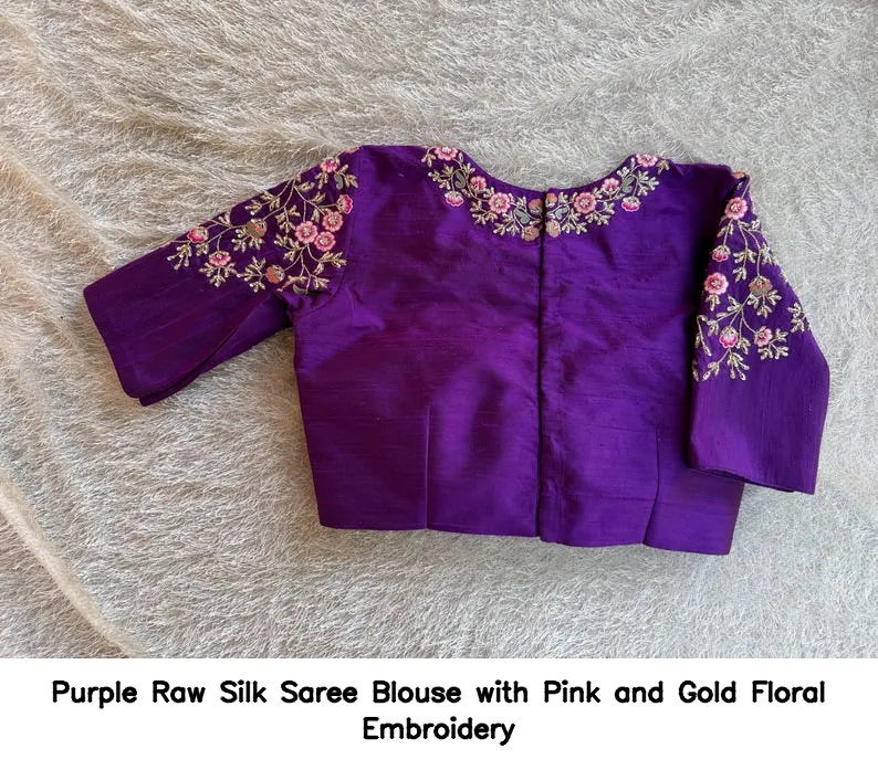 Purple Raw Silk Saree Blouse with Pink and Gold Floral Embroidery