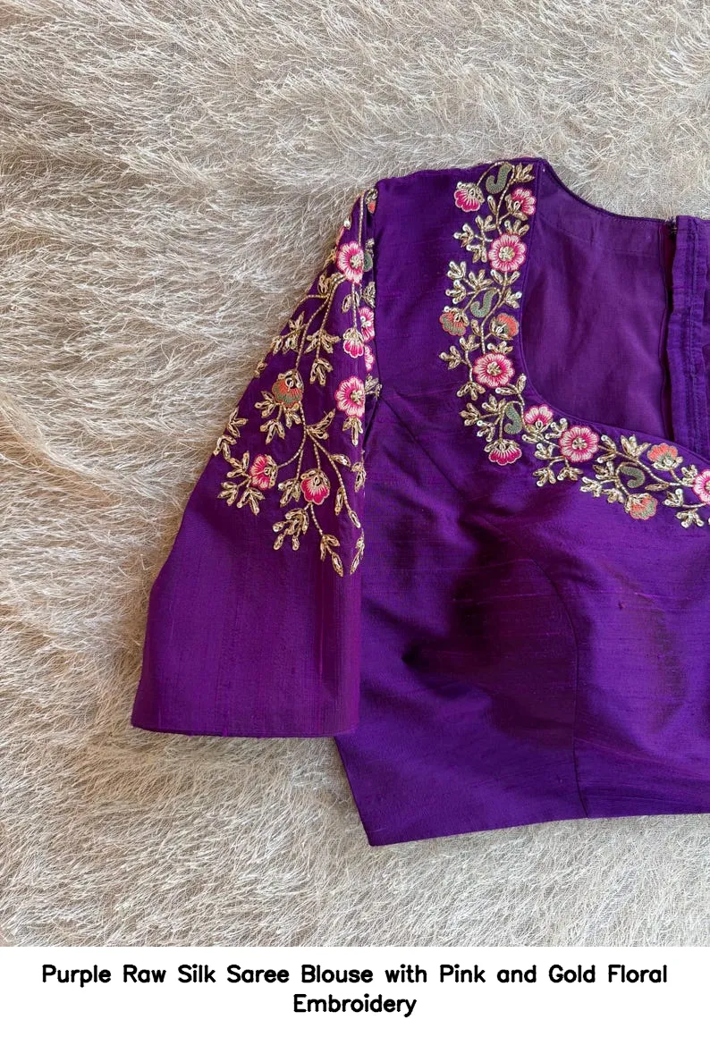 Purple Raw Silk Saree Blouse with Pink and Gold Floral Embroidery