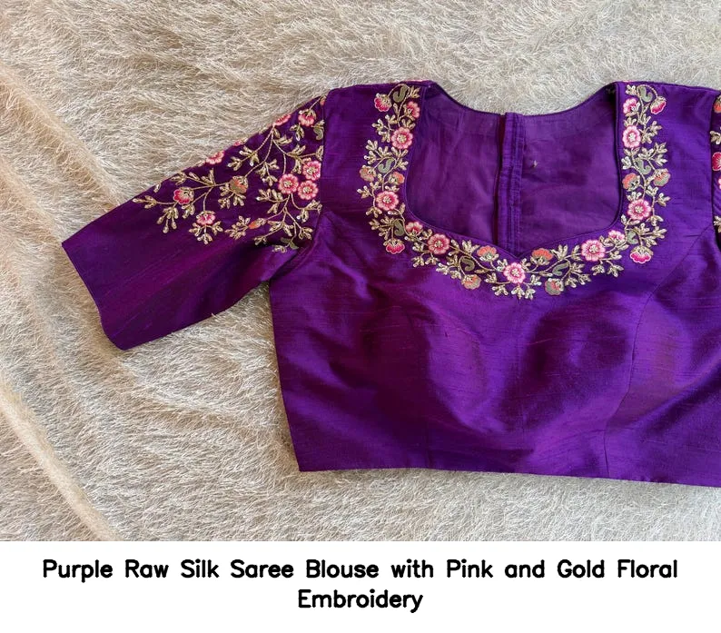Purple Raw Silk Saree Blouse with Pink and Gold Floral Embroidery