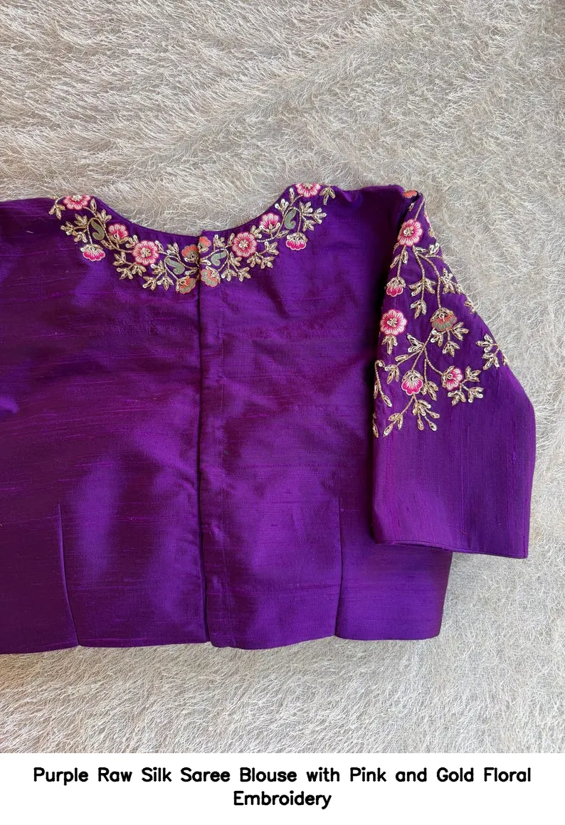 Purple Raw Silk Saree Blouse with Pink and Gold Floral Embroidery