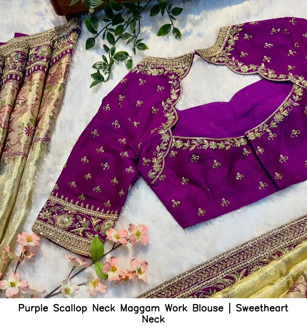 Purple Scallop Neck Maggam Work Blouse | Sweetheart Neck