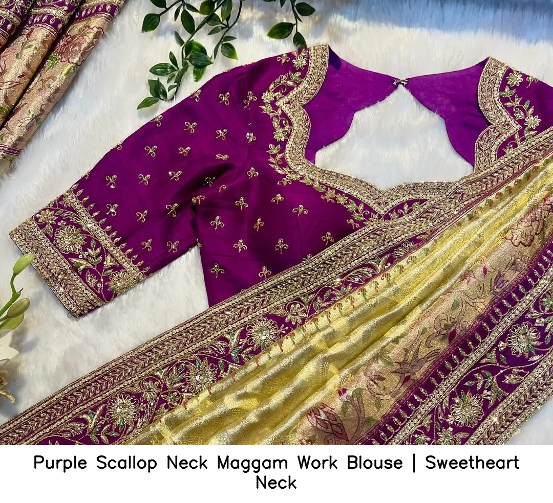 Purple Scallop Neck Maggam Work Blouse | Sweetheart Neck