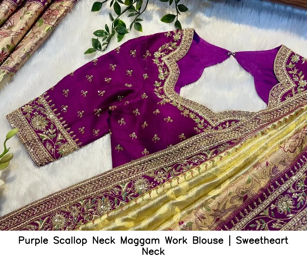 Purple Scallop Neck Maggam Work Blouse | Sweetheart Neck