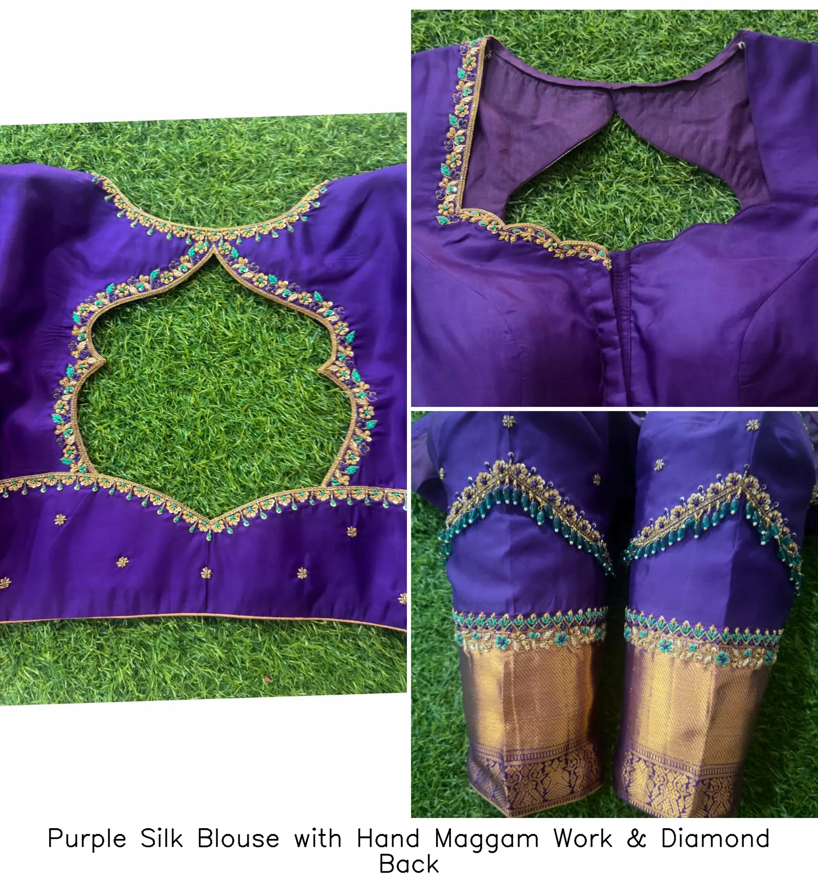 Purple Silk Blouse with Hand Maggam Work & Diamond Back