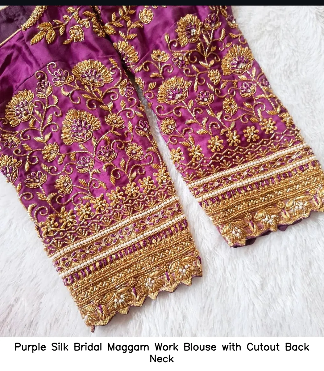 Purple Silk Bridal Maggam Work Blouse with Cutout Back Neck
