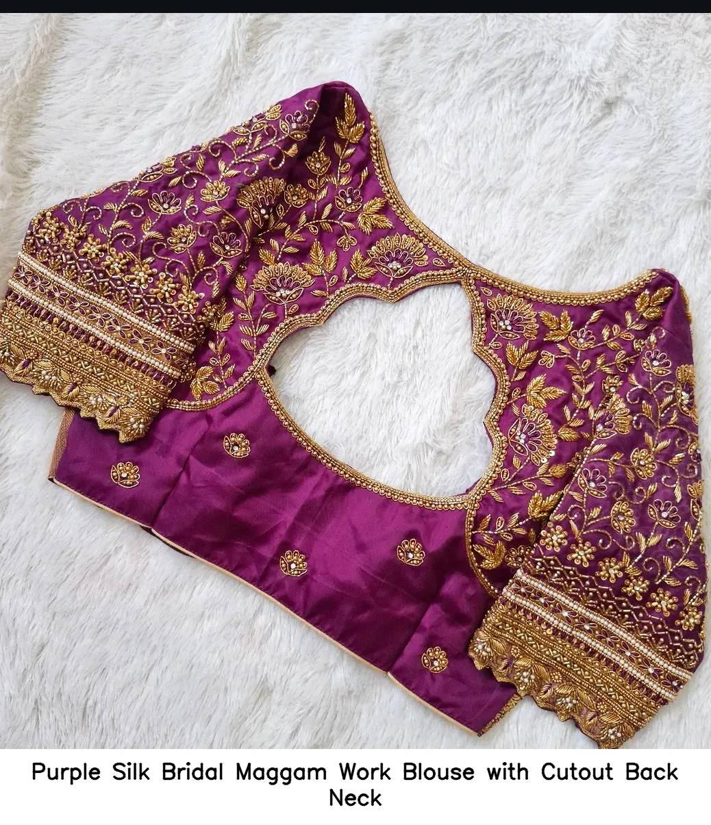 Purple Silk Bridal Maggam Work Blouse with Cutout Back Neck